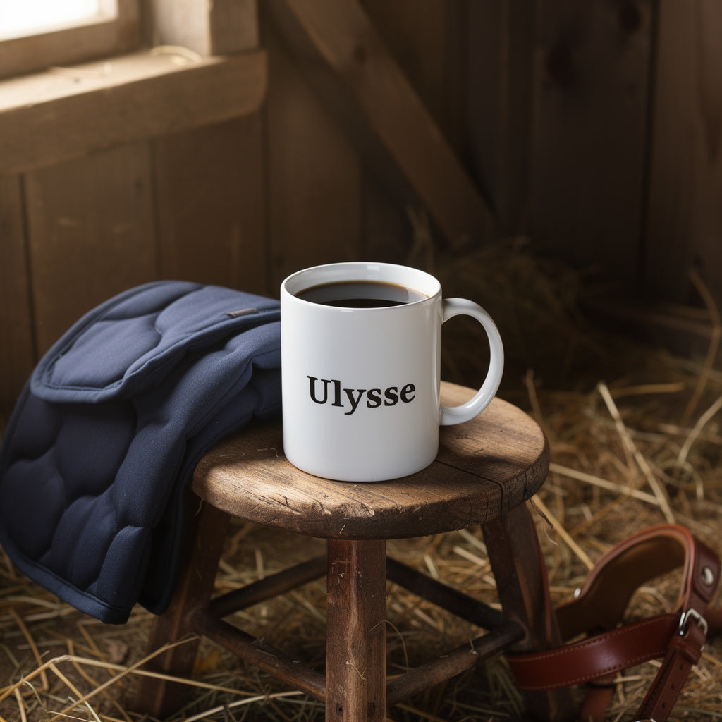 Mug Alezane personnalisé au nom du cheval, posé sur un tabouret dans une écurie